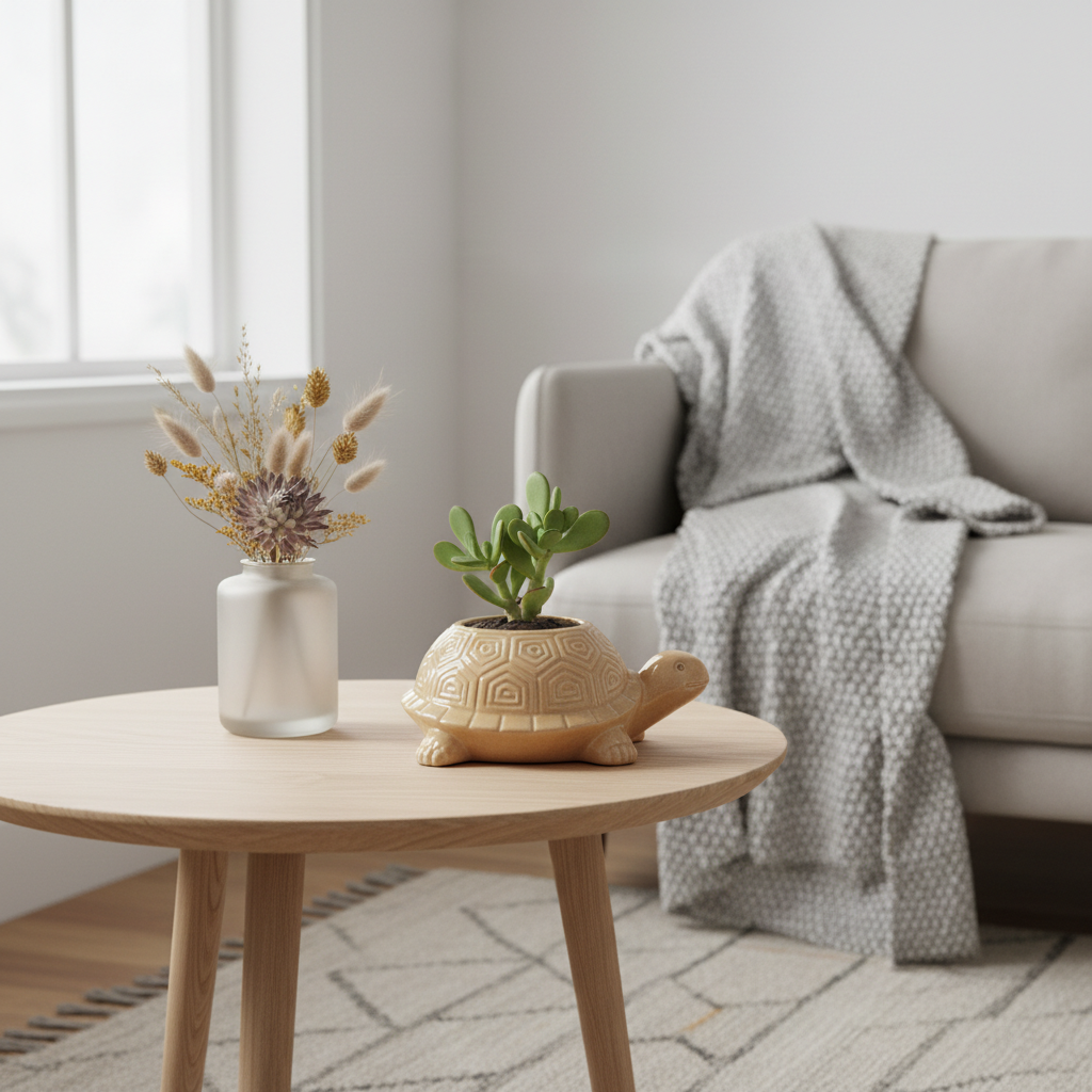 Warm beige turtle planter with a small succulent on a wooden side table with dried flowers