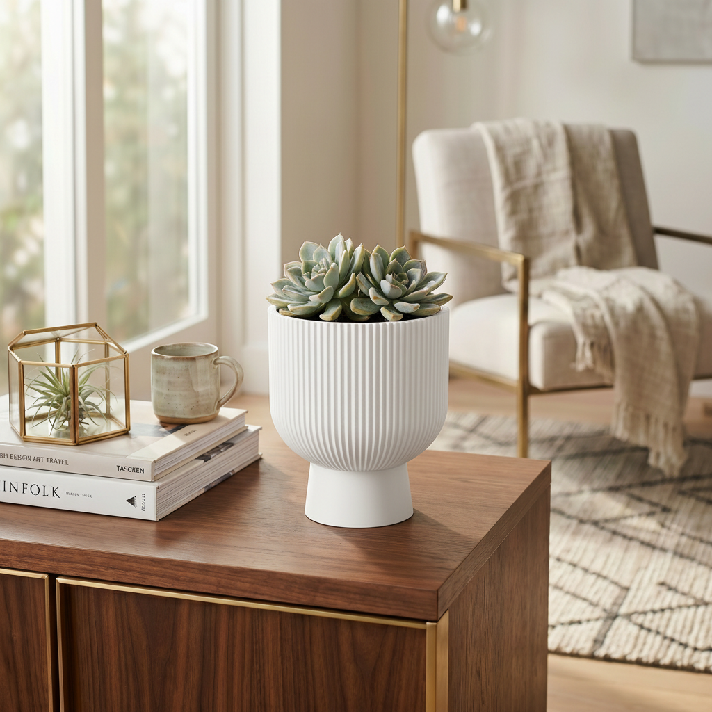Ribbed Pedestal Planter in white — Scandinavian coffee table lifestyle