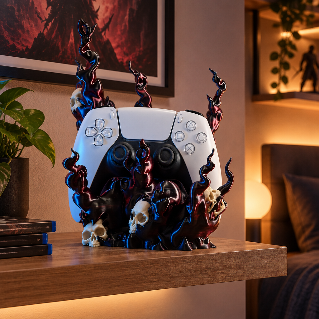 Skull flame controller holder with a white and black PlayStation-style controller on a bedroom shelf