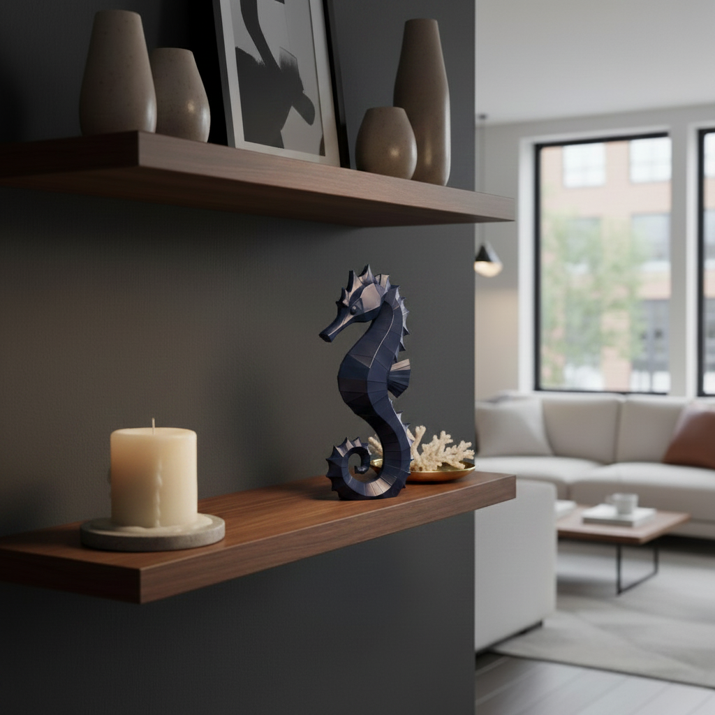 Navy blue seahorse sculpture on dark walnut mantelpiece with candle and gold dish
