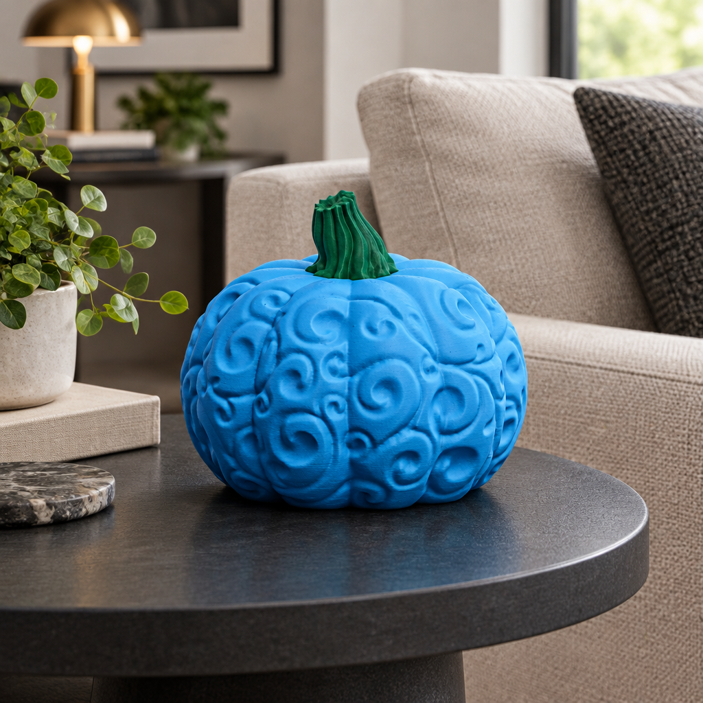 Blue swirl pumpkin on charcoal side table