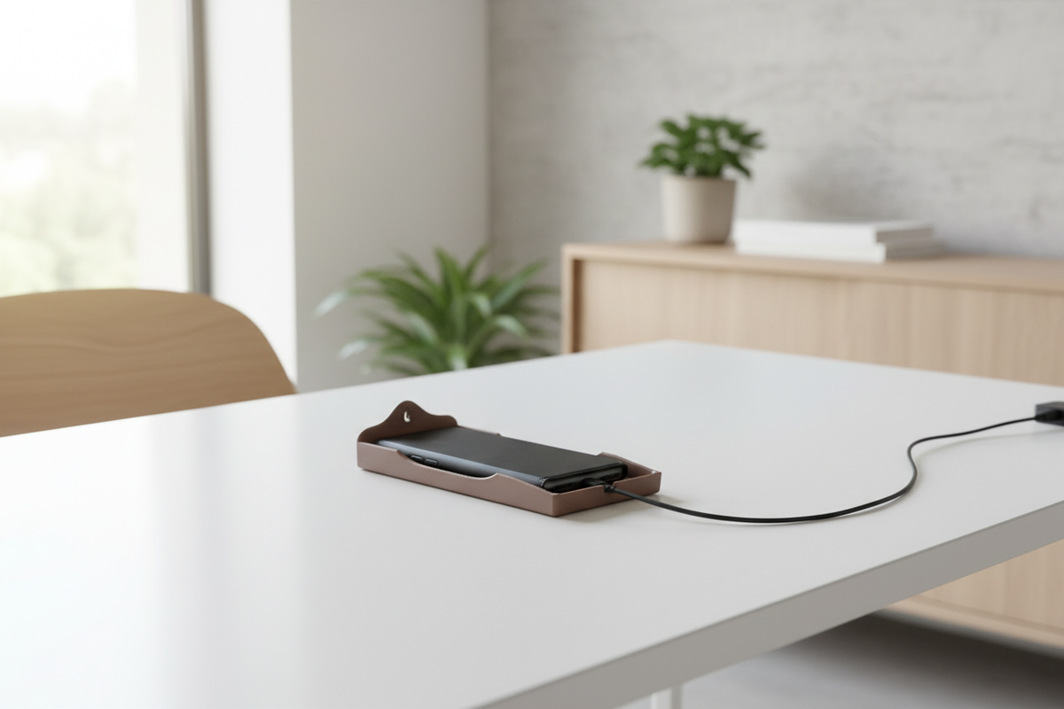 Smartphone Bed on a minimalist home office desk with charging cable