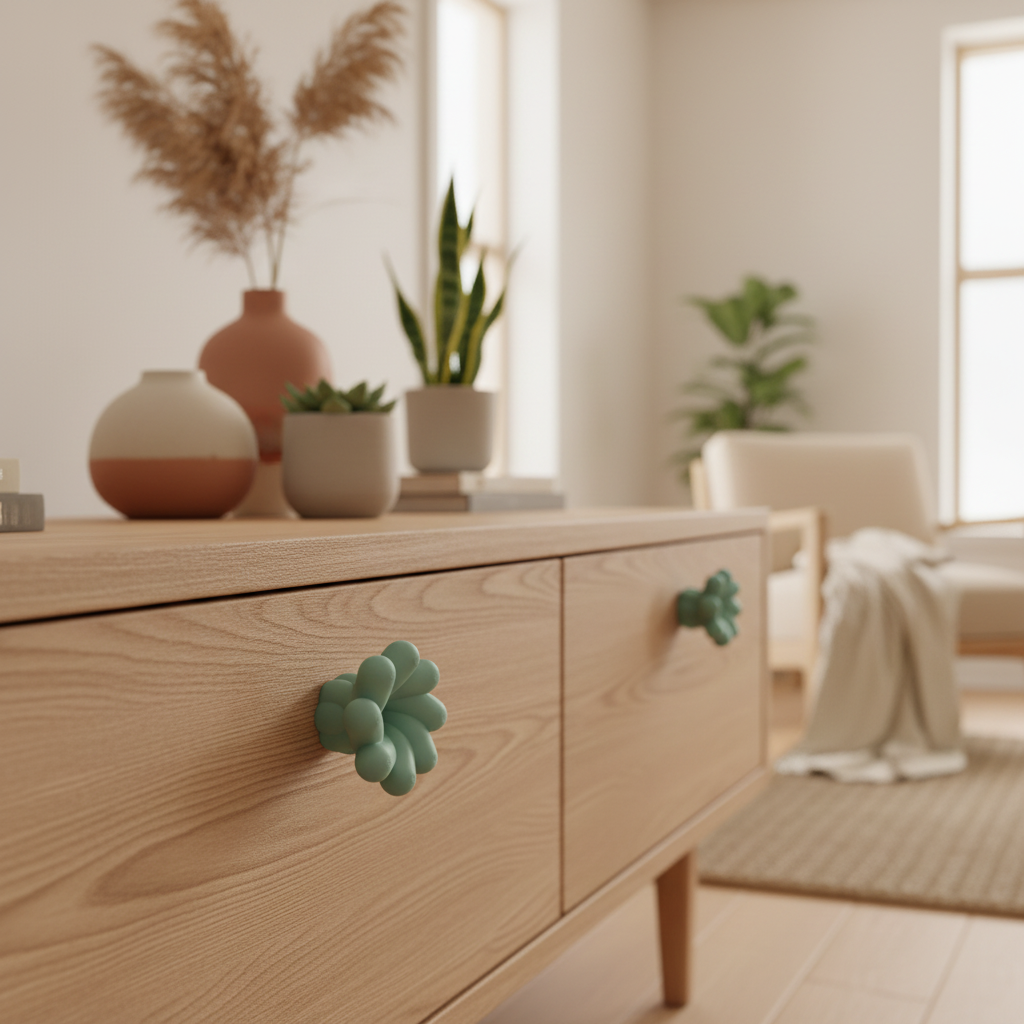 Sage green twisted knob on oak sideboard - lifestyle