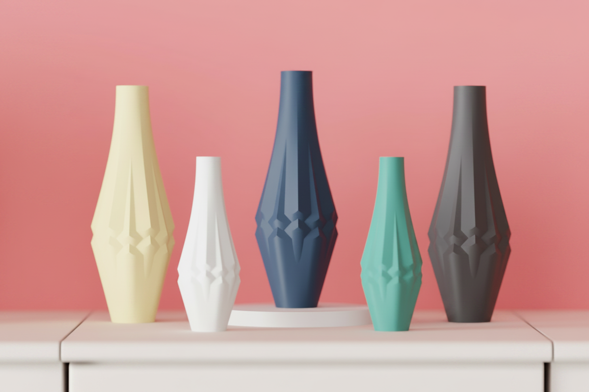 Five Twist Panel Vases soft yellow chalk white slate grey teal green charcoal black matte angular faceted panel mid-body twist staggered group varying heights pale pink sideboard blush pink wall soft diffuse interior light wide editorial landscape