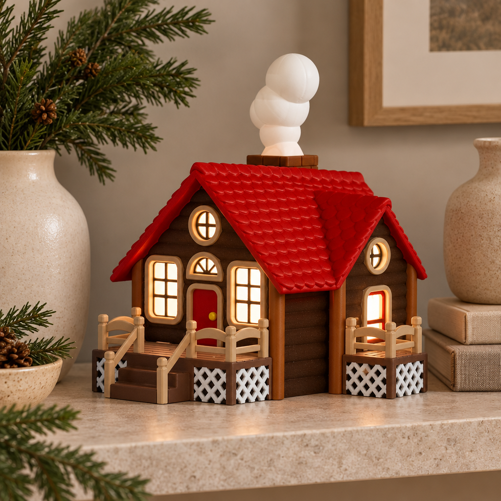 Miniature log cabin tealight holder on a pale shelf with neutral ceramics