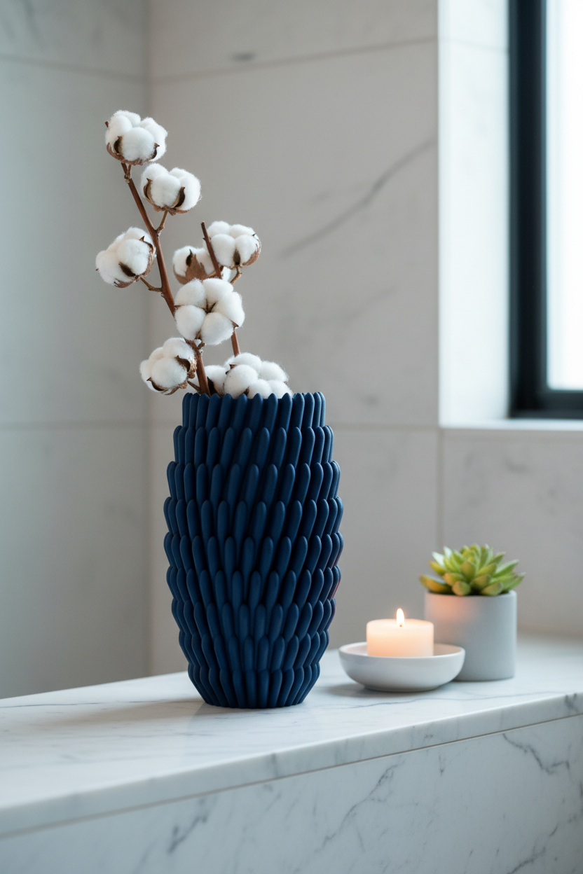 Navy sea anemone vase with dried cotton on marble bathroom shelf - lifestyle