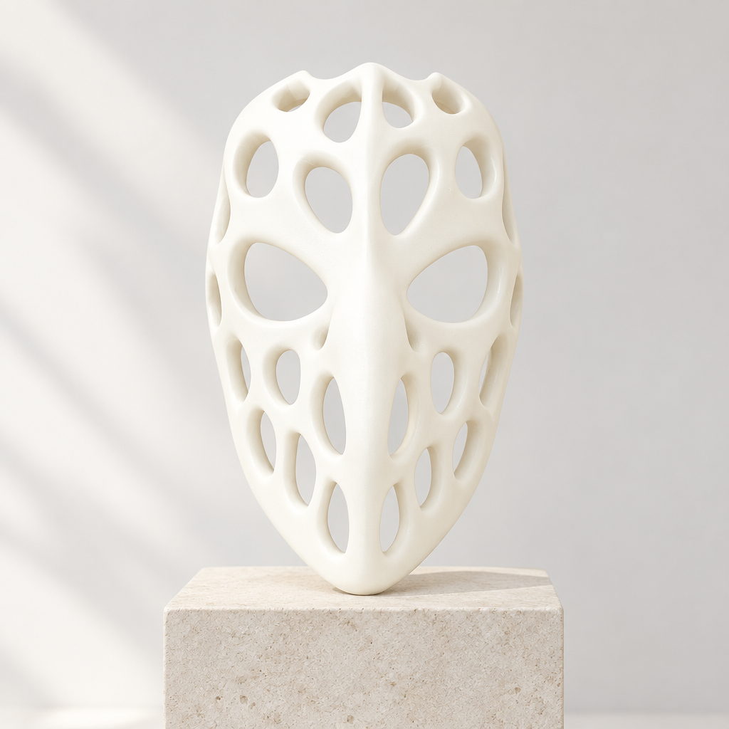 White openwork Voronoi Mask shown on a pale stone stand, no strap included