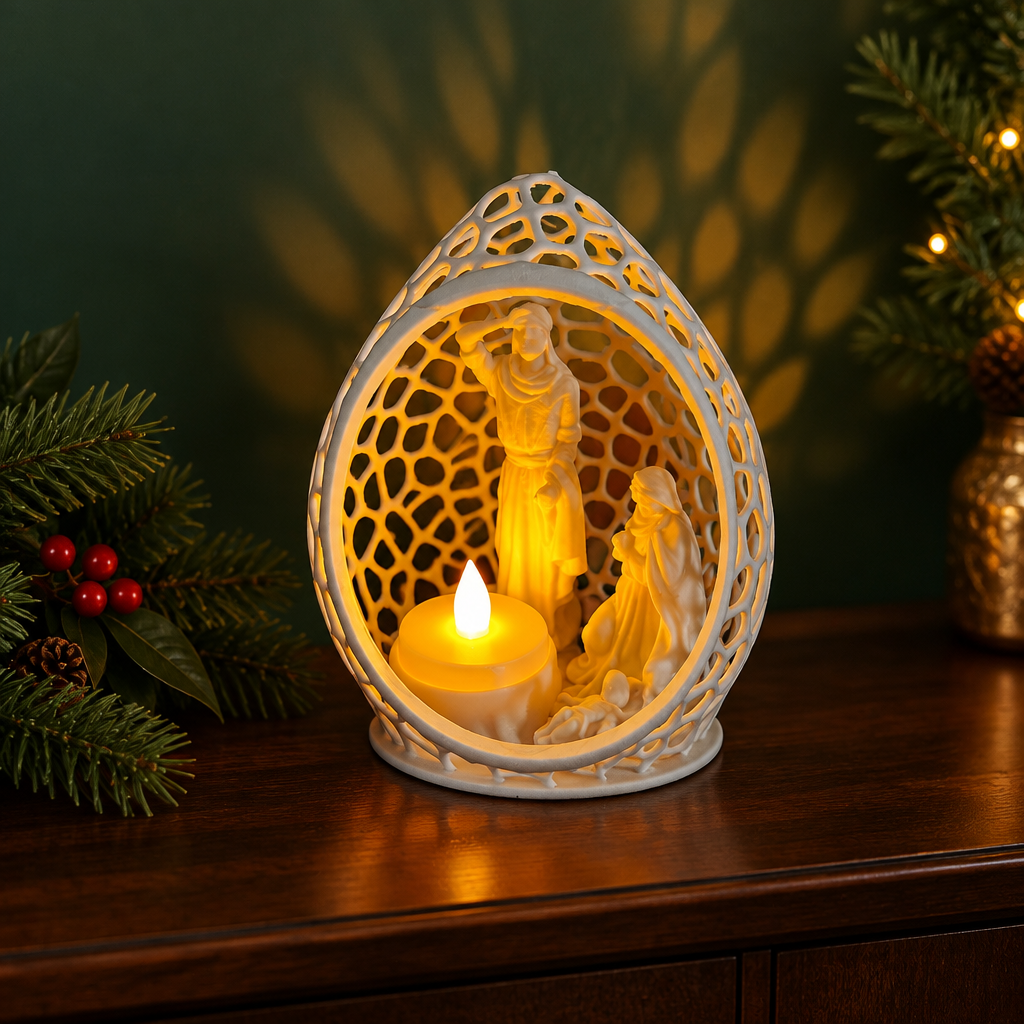White oval Nativity tealight scene on a dark wood sideboard with evergreen accents