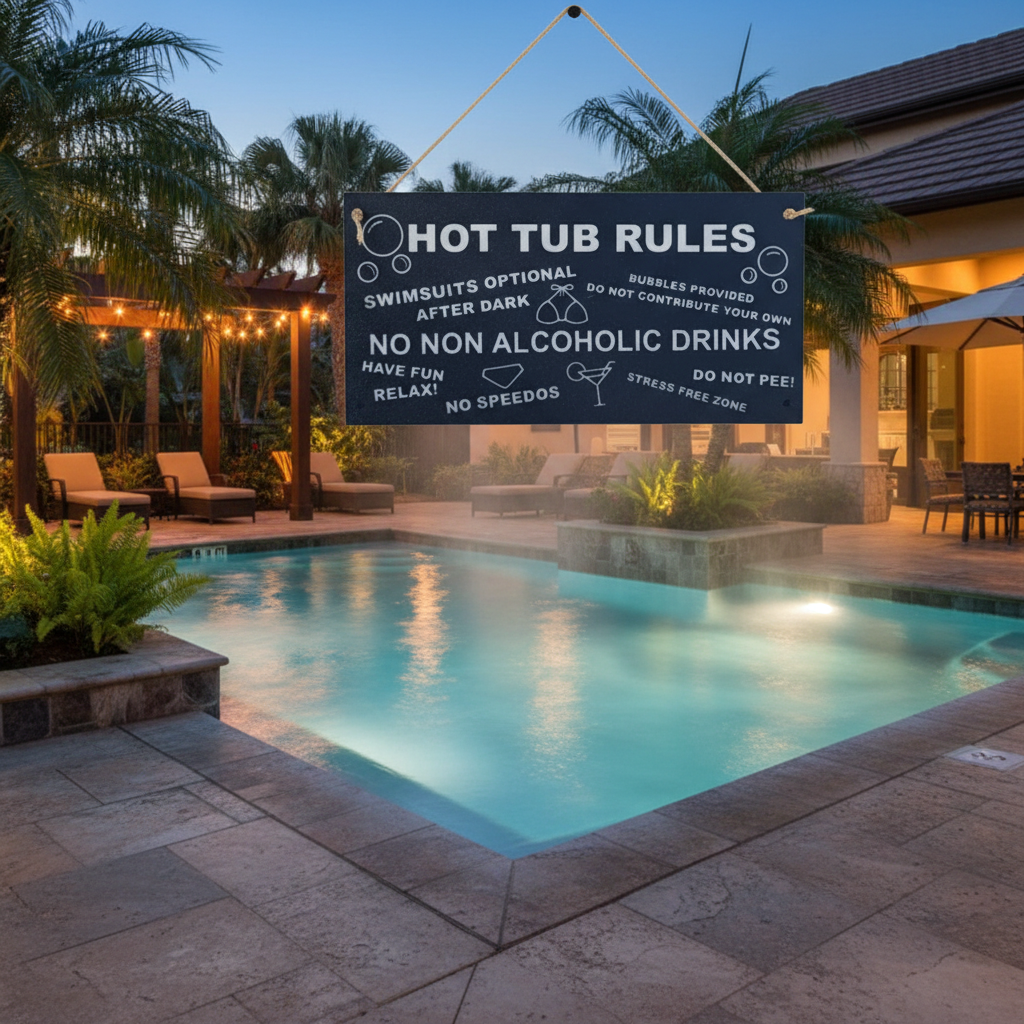 Hot Tub Rules Sign beside a spa pool at dusk with warm outdoor lights