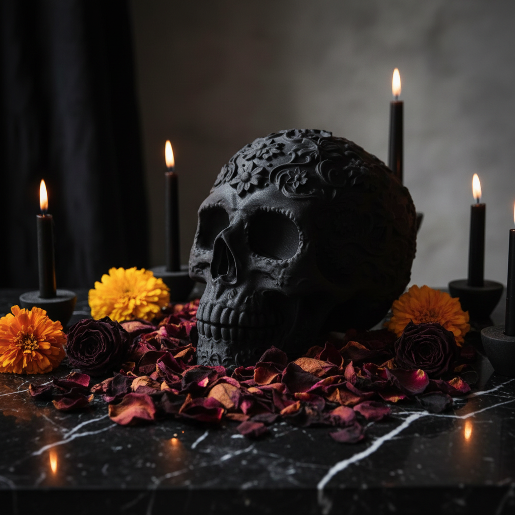 Matte black ornate skull on dark marble with dried rose petals black candles and marigolds Dia de los Muertos lifestyle
