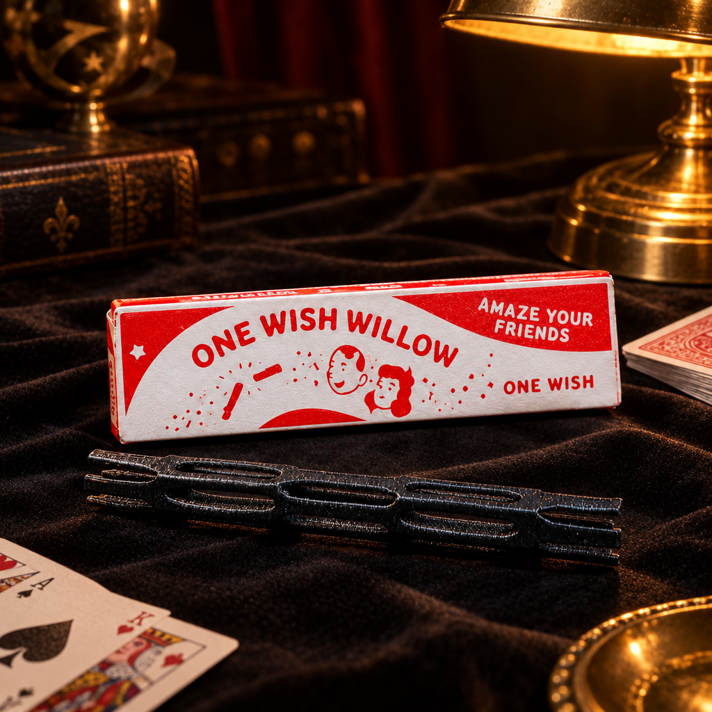 One Wish Willow black stick and presentation box on a magician-inspired desk