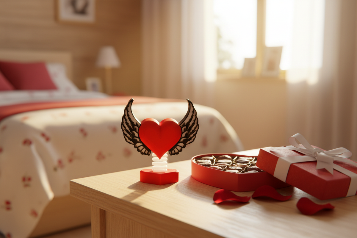 Valentine's Day Springie on bedside table with gift box and chocolates