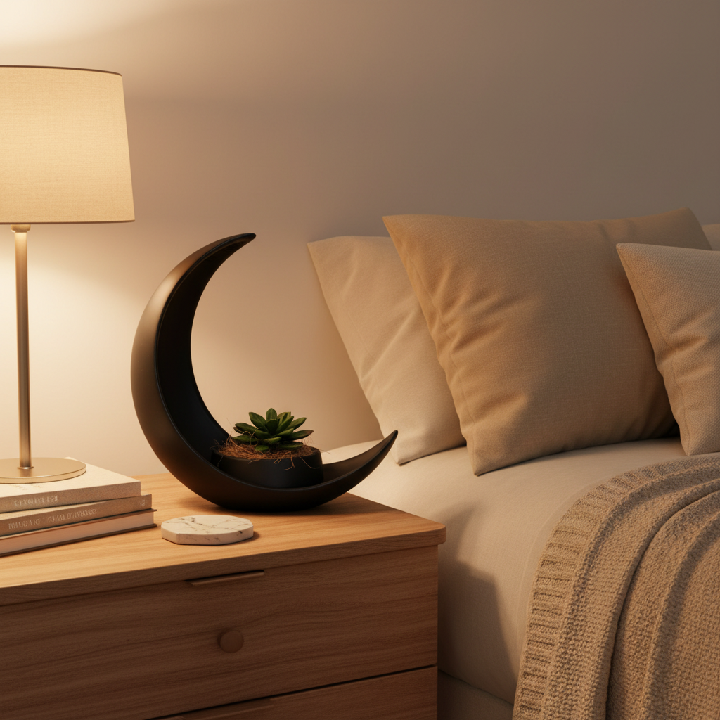 Black crescent moon planter with succulent on a bedside table