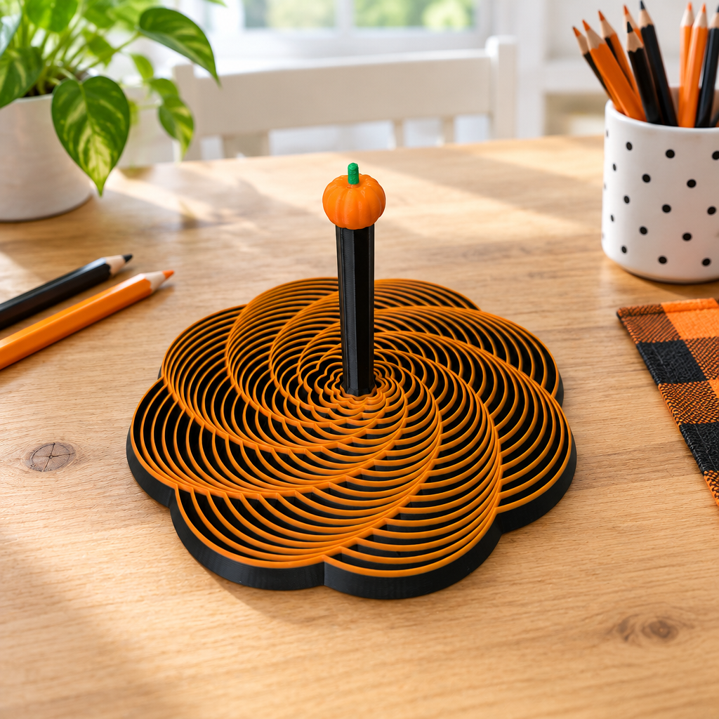 Pumpkin spiral fidget on a bright activity table with orange and black pencils