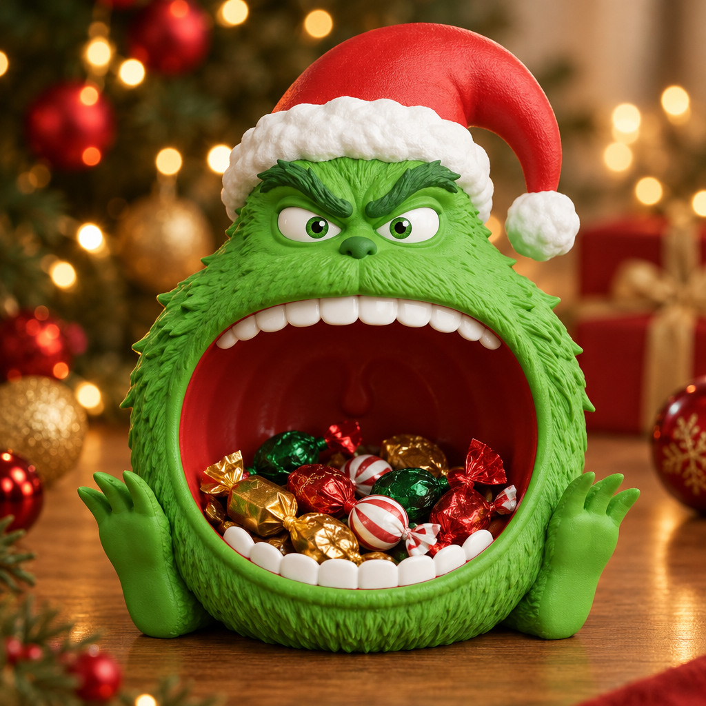 Close-up of the green Christmas sweet bowl and Santa hat