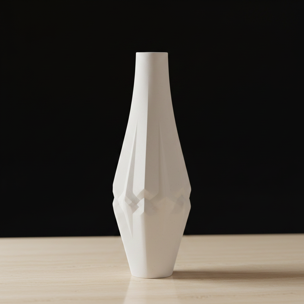 Twist Panel Vase chalk white matte angular faceted panel mid-body twist narrow tapered neck macro close up pale travertine black studio background soft directional light every sharp facet edge angular twist detail precise sculptural relief square editorial