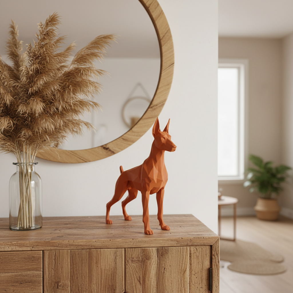 Terracotta orange Low Poly Great Dane Sculpture on a rustic boho entryway console with pampas grass