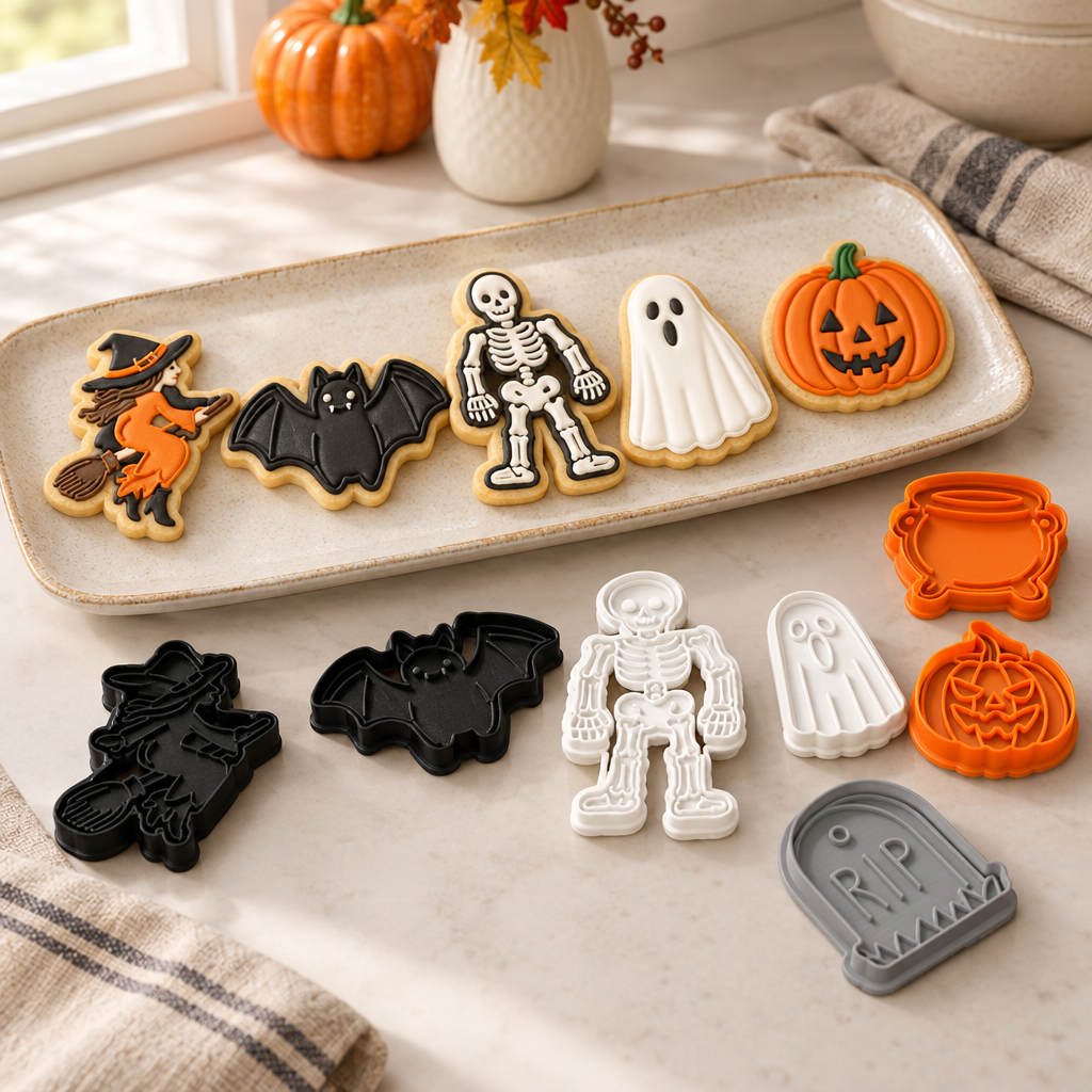 Decorated Halloween cookies on a serving board with the cutters beside them