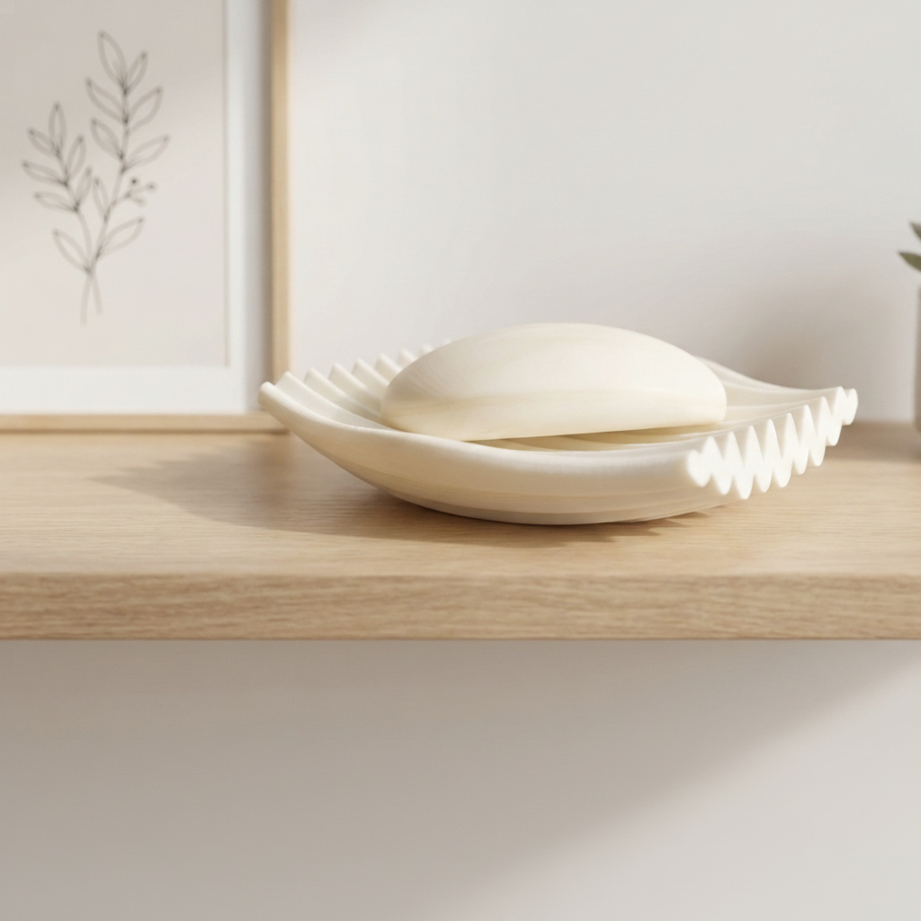 White ripple soap dish on oak shelf with succulent and botanical art print Scandinavian bathroom lifestyle