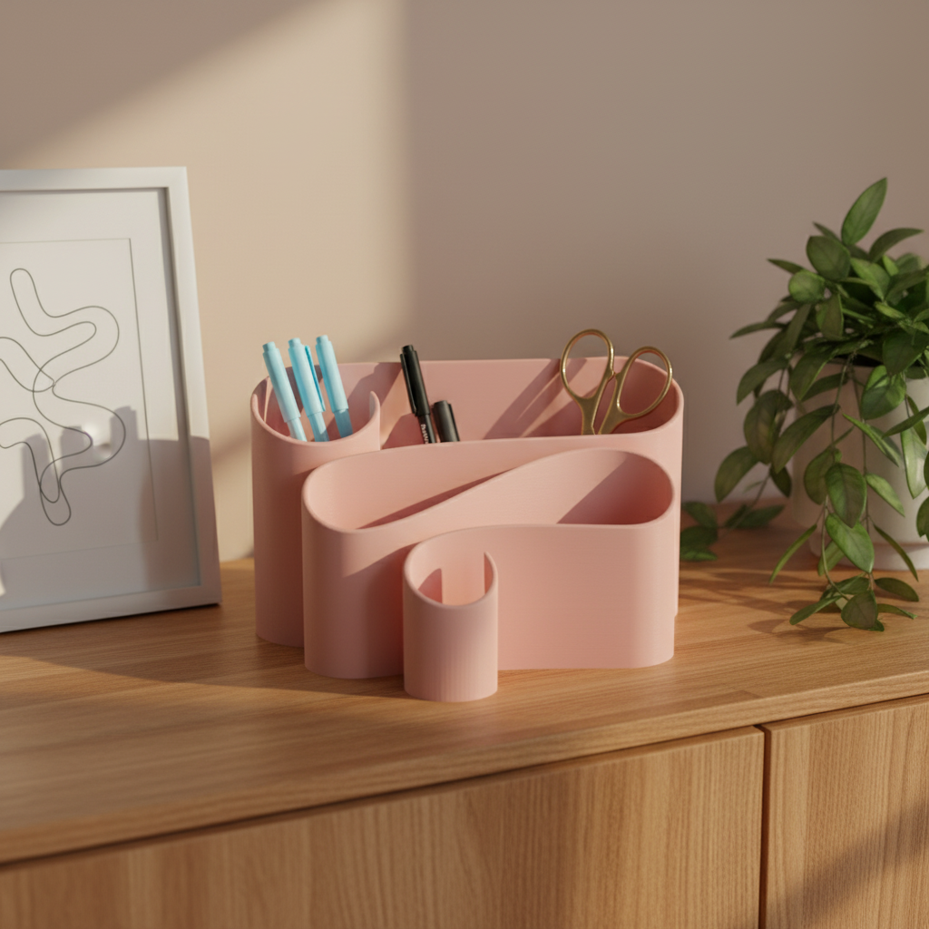 Fluid Desktop Organizer - dusty pink oak sideboard with art print