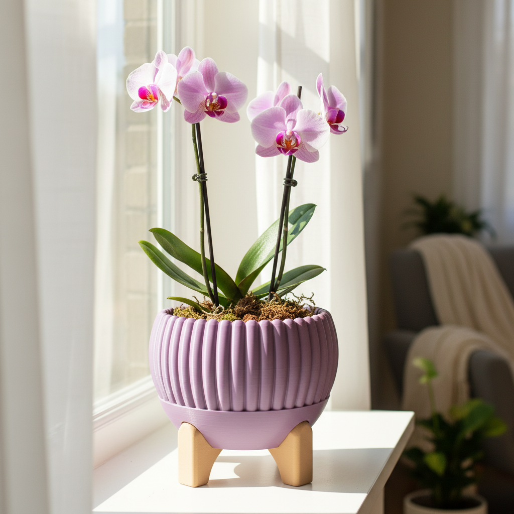 Dusty purple Luma ribbed planter with a flowering orchid on a sunny windowsill
