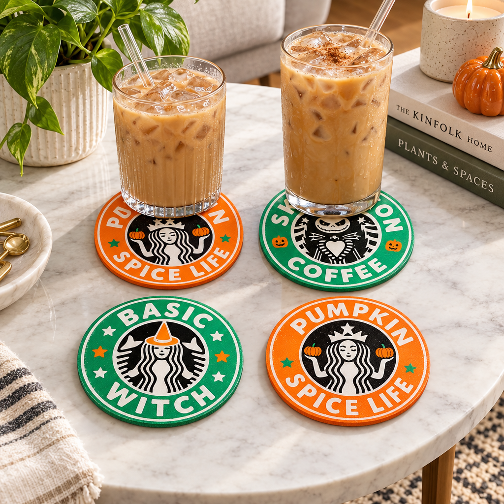 Four fully painted Halloween coffee coasters arranged around iced drinks on a contemporary table