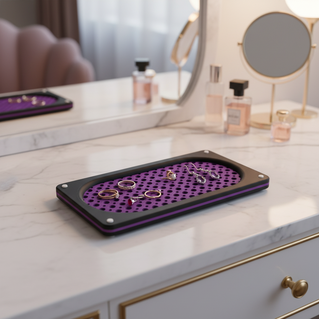 Purple mesh tray with jewellery on marble vanity - lifestyle