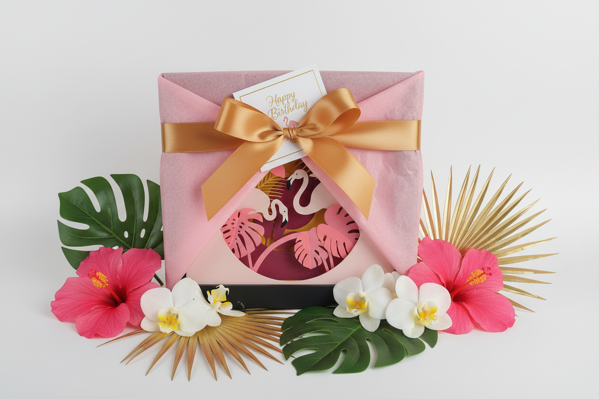 Flamingo Paradise shadow box presented as a birthday gift with pink tissue paper, gold ribbon and tropical flowers