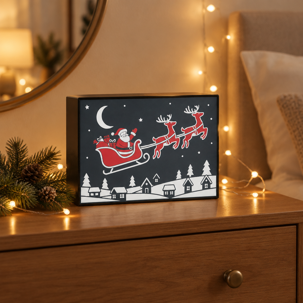 Framed Santa and reindeer Christmas picture in a cosy reading nook