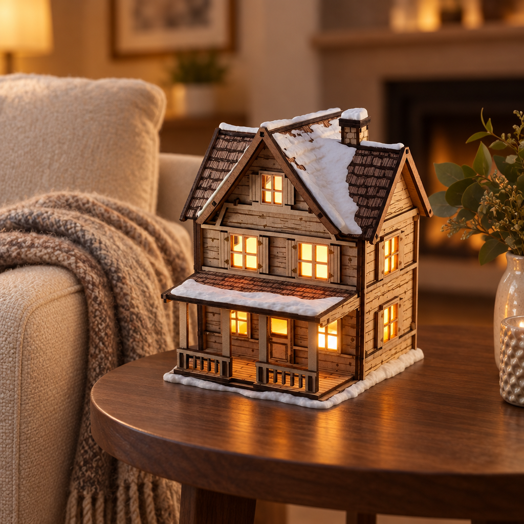 Tealight House on a side table beside a cosy cream armchair