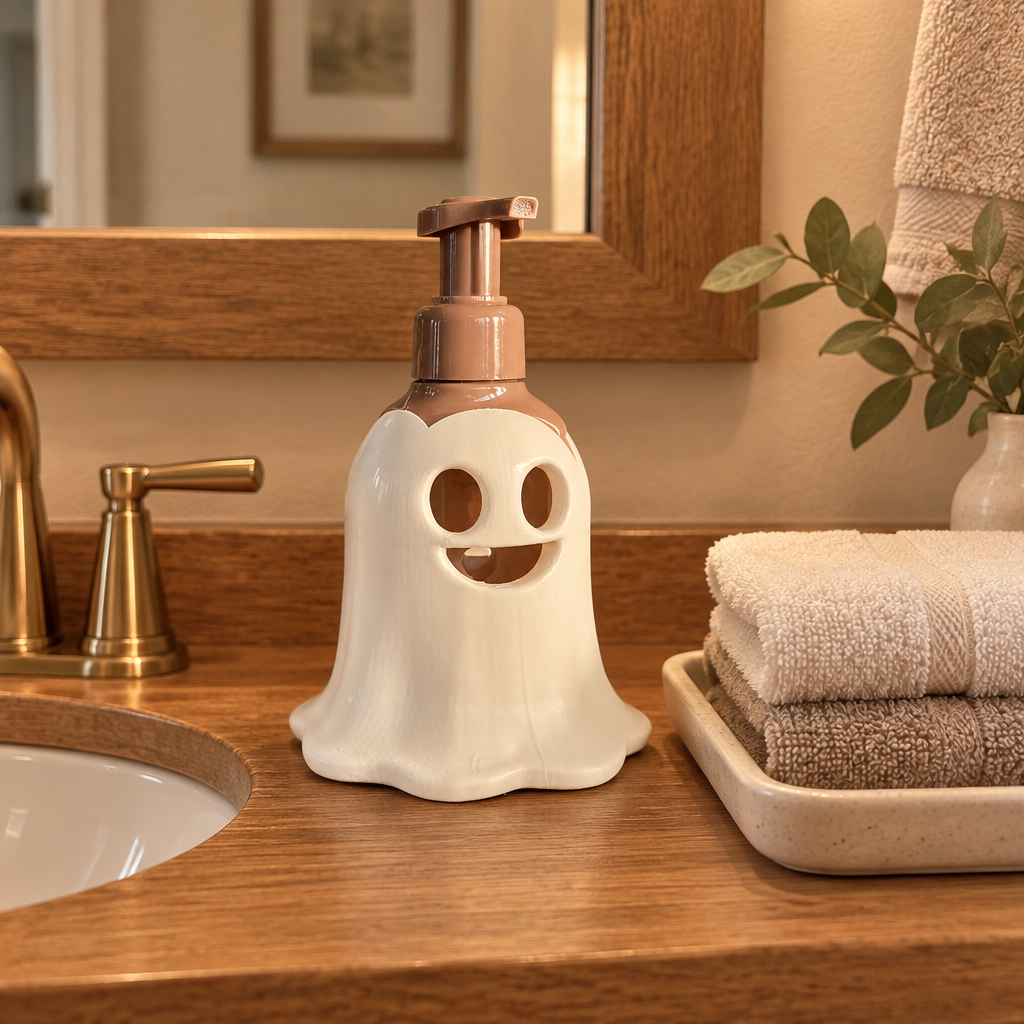 Ghost-shaped soap dispenser on a warm oak guest-bathroom vanity