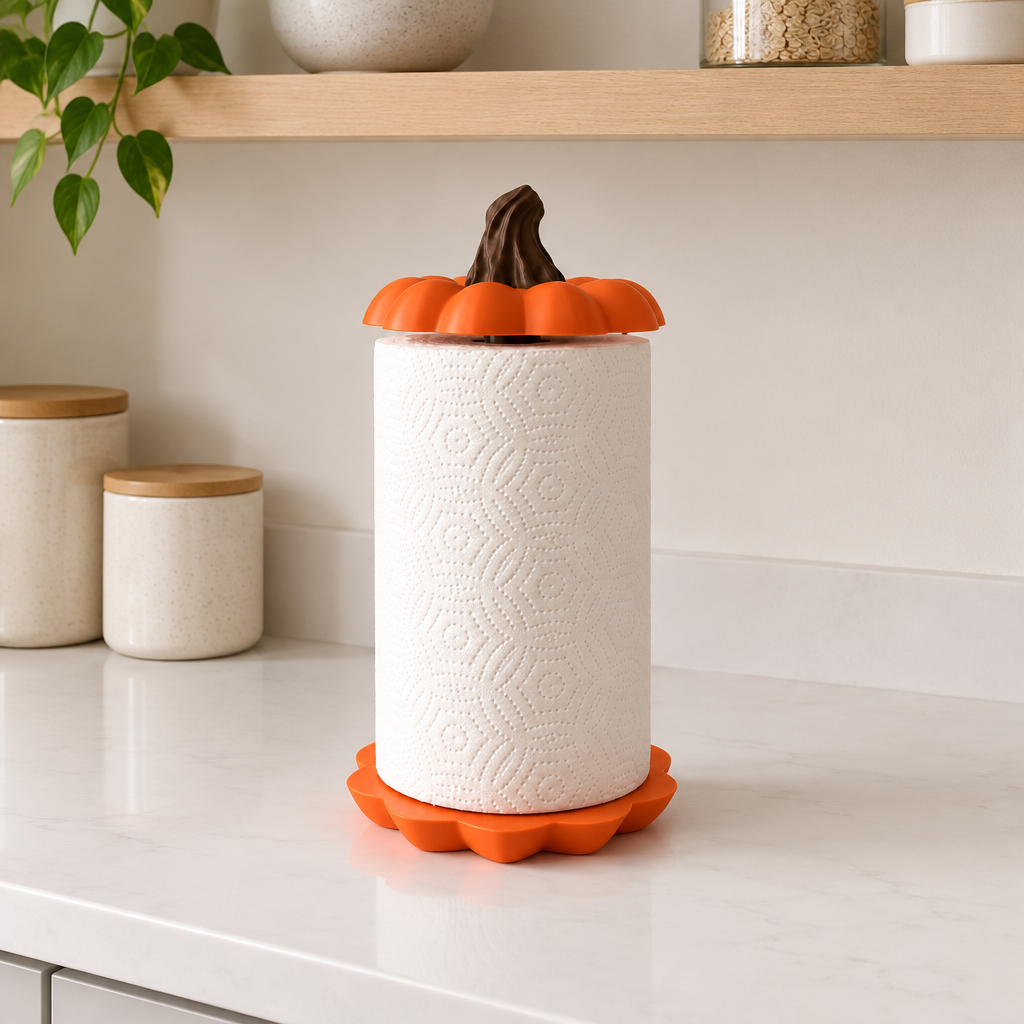 Pumpkin kitchen towel holder on a white counter below open kitchen shelves