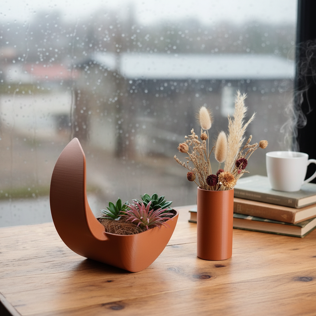 Terracotta brown crescent planter and vase set with cactus on a wooden desk with books and a mug