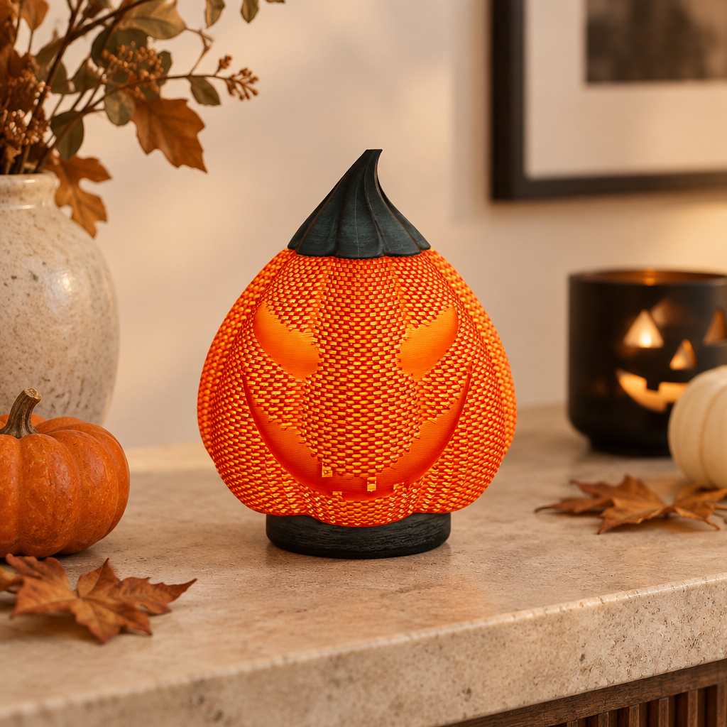 Orange mesh-style Evil Pumpkin decoration on a stone console with autumn leaves