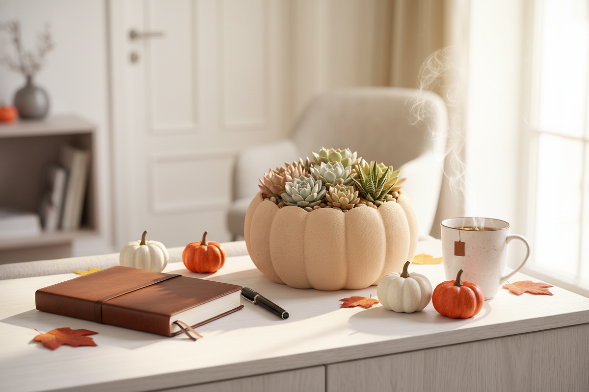 Pumpkin Planter — cosy home office desk lifestyle scene