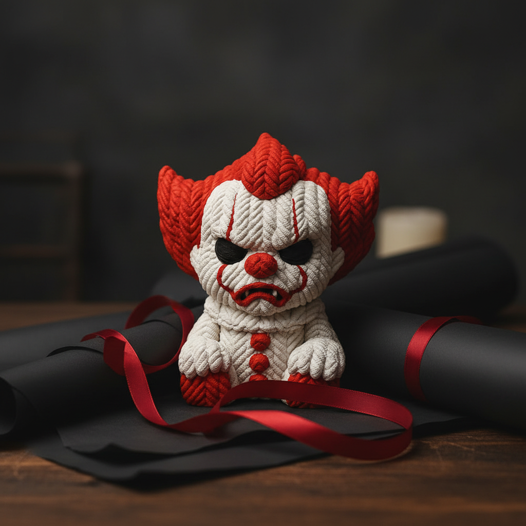 Red and white knitted-texture clown sculpture as a spooky gift display