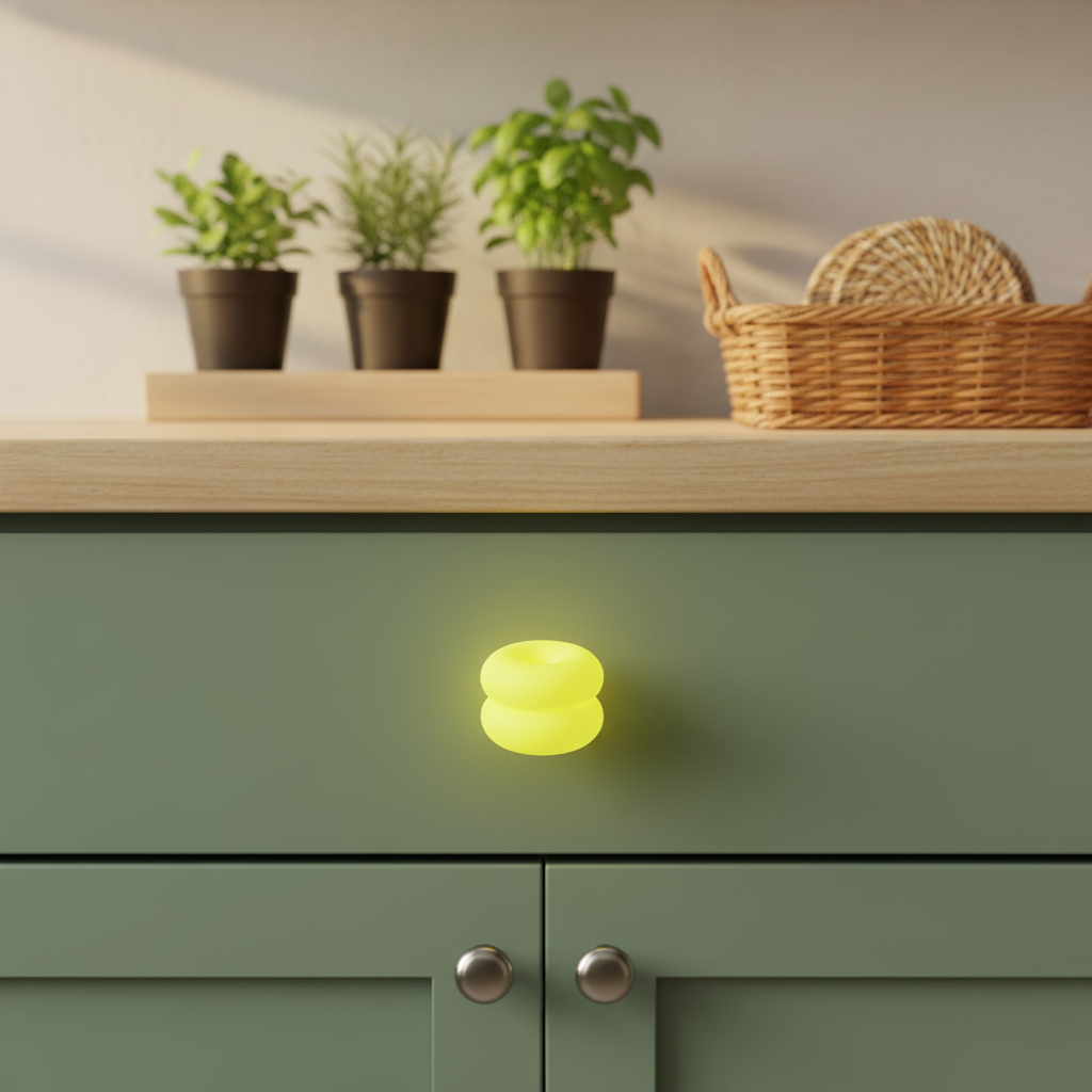 Double Donut knob yellow neon on sage green kitchen
