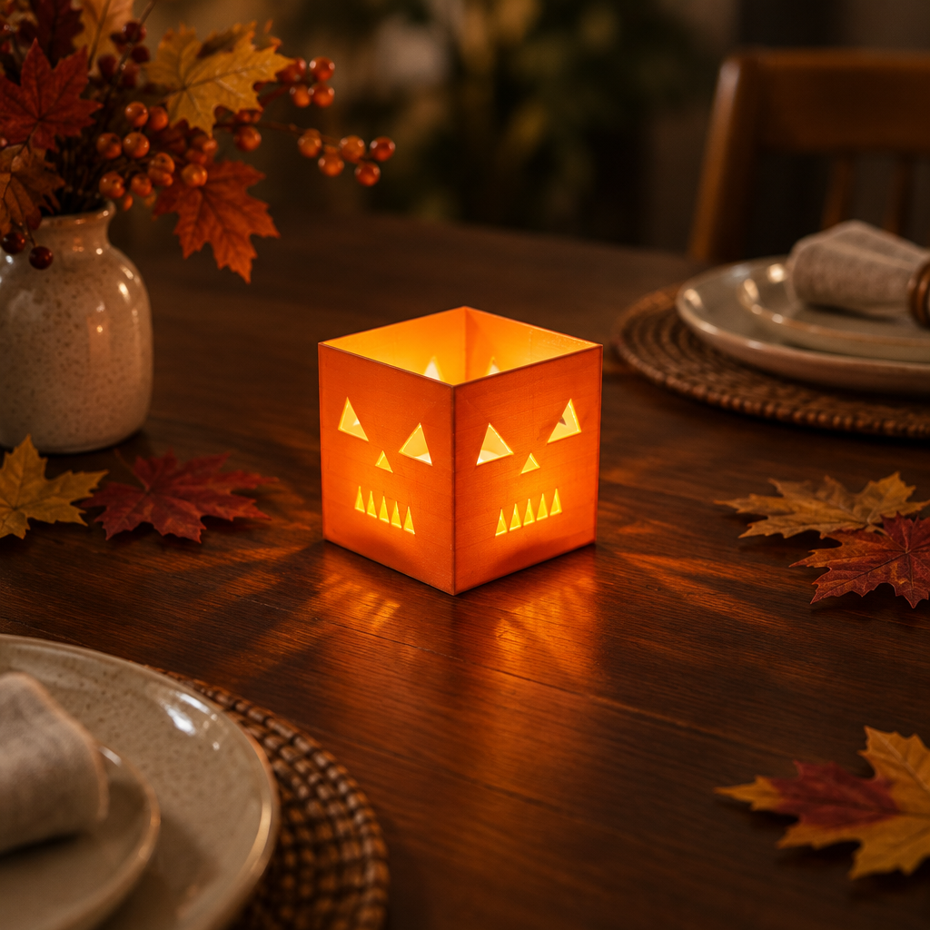 Orange cube pumpkin holder as a Halloween dining table accent with a flameless LED tealight