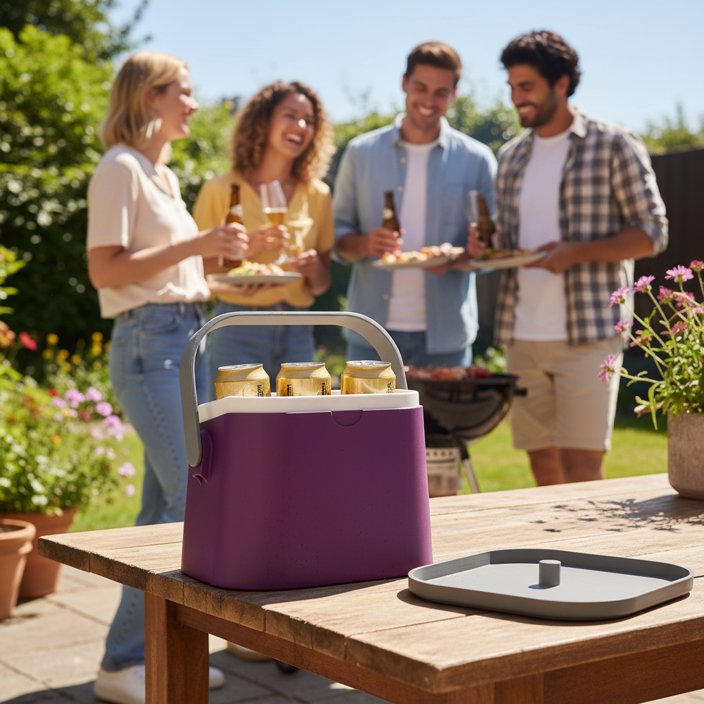 Freezable Four-Can Cooler Box - Purple colourway at garden barbecue