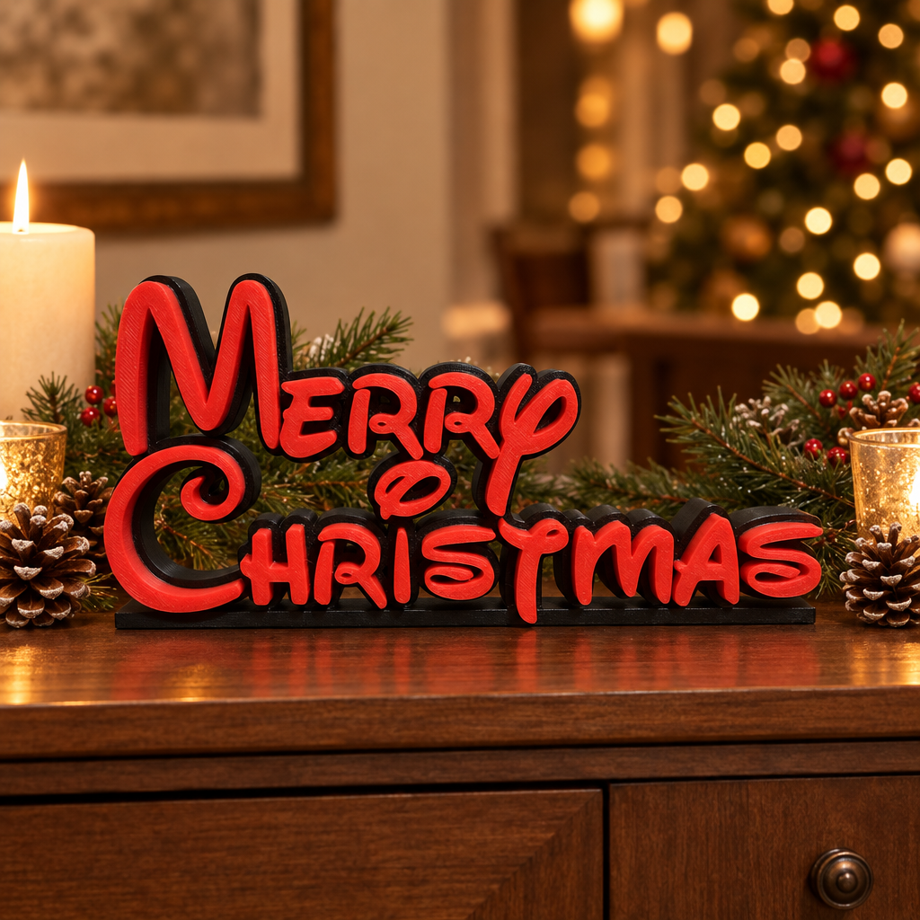Freestanding red-on-black Merry Christmas sign on a Christmas dining-room sideboard