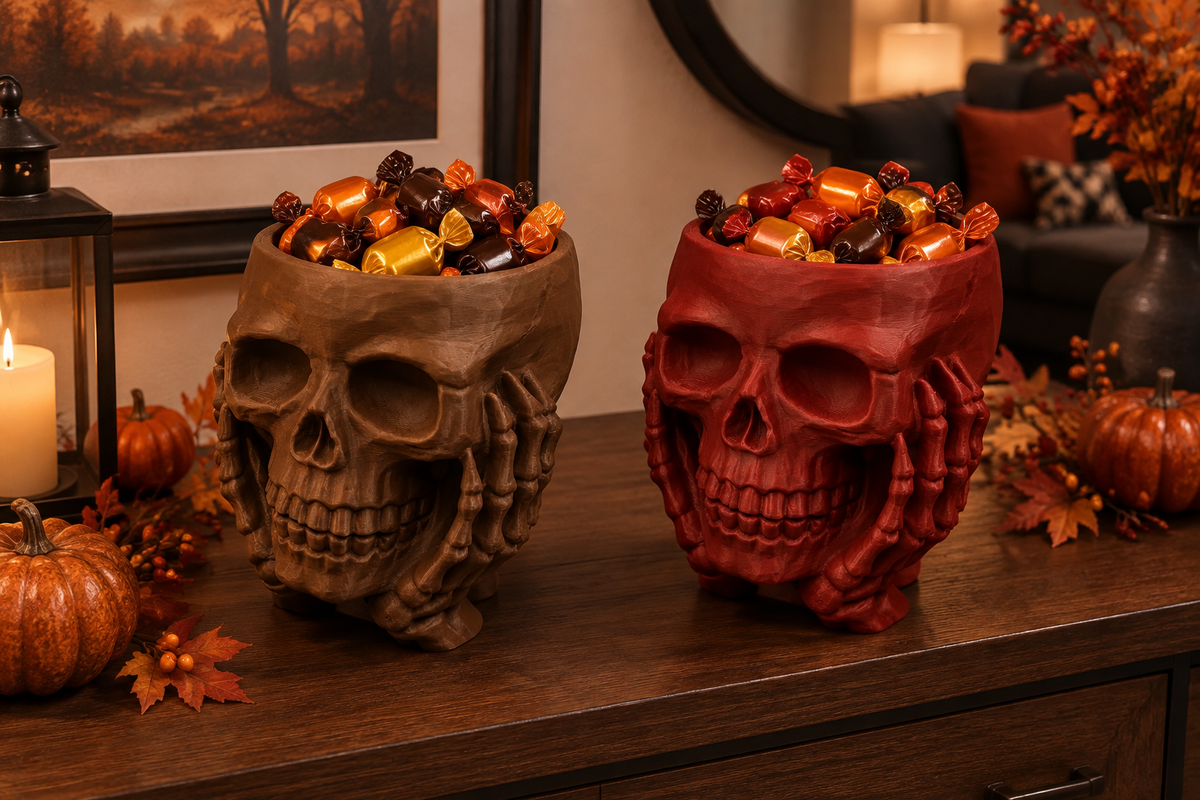 Brown and red skull sweet bowls held by sculpted hands on a warm autumn console
