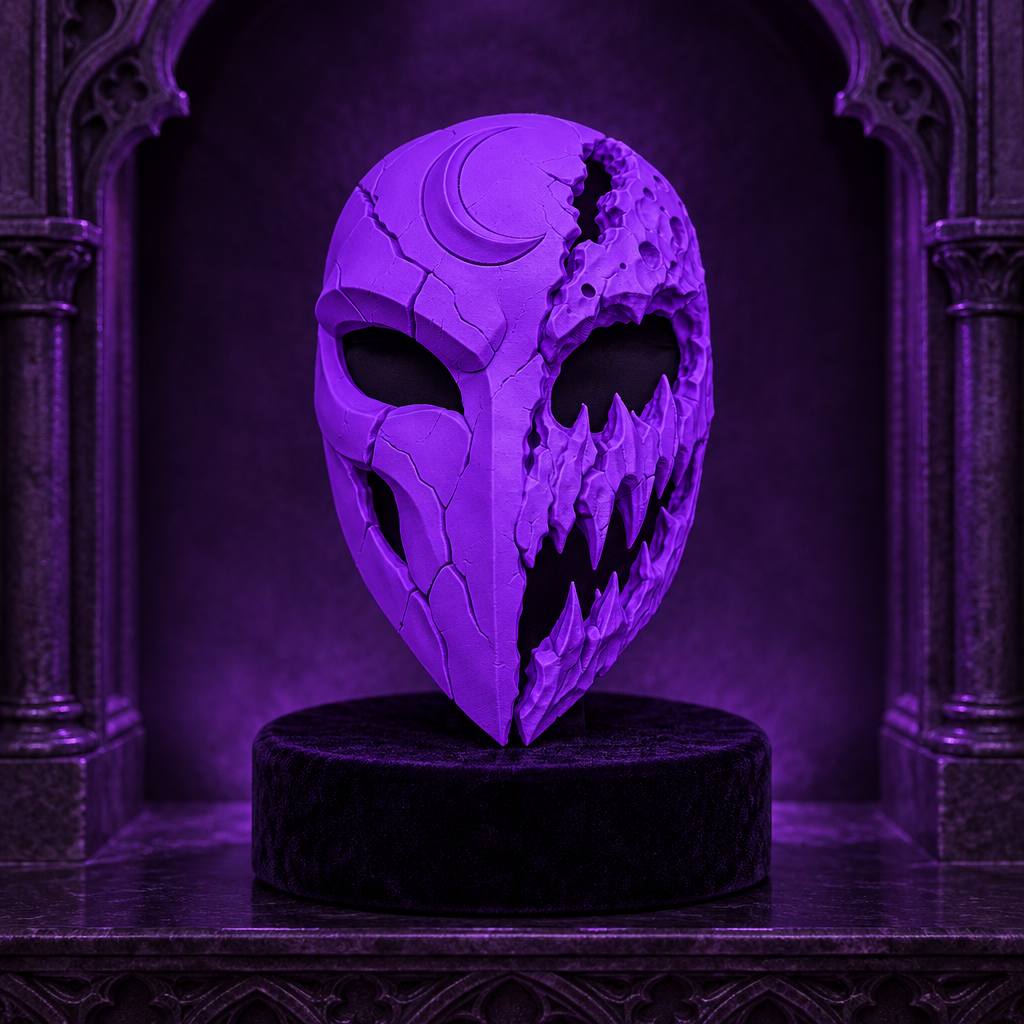 Neon Purple Mooneater Mask in a gothic display alcove, strap not included.