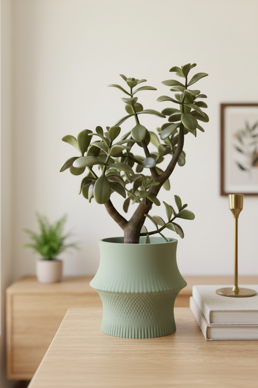 Sage green sculpted hourglass desk planter with jade tree on walnut sideboard warm Scandinavian evening lifestyle
