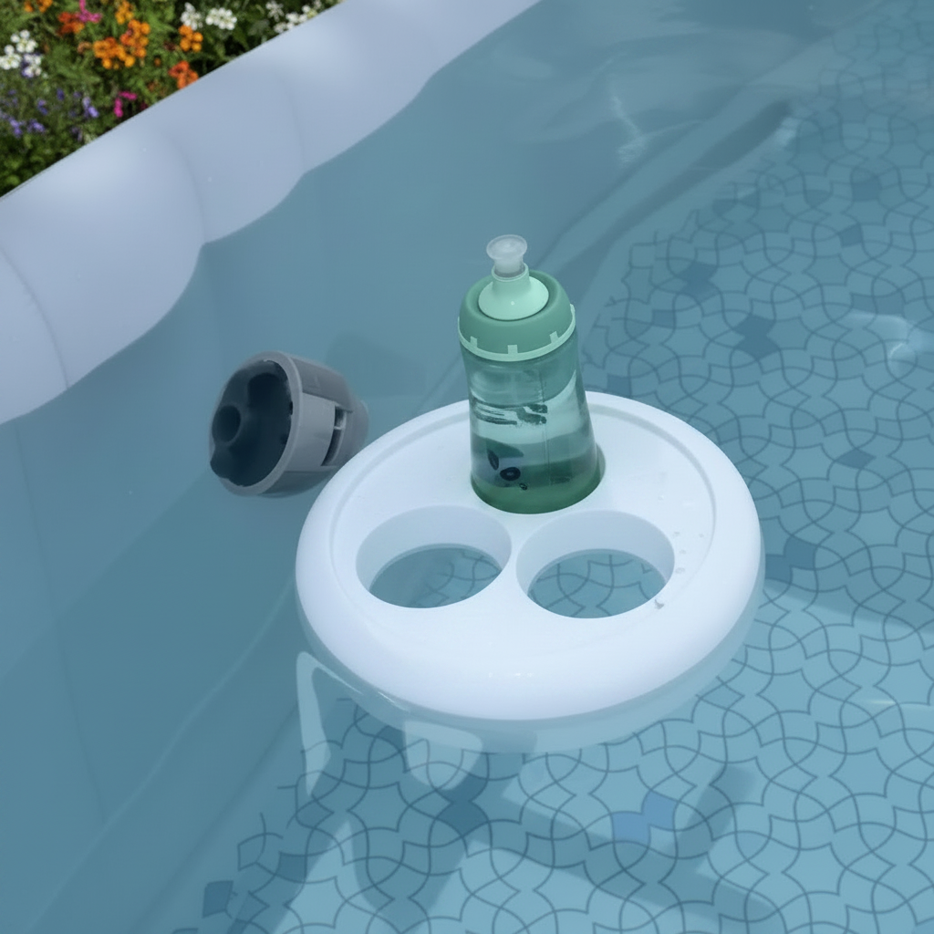 White floating drink holder floating on clear blue swimming pool holding a drinks bottle in sunny garden