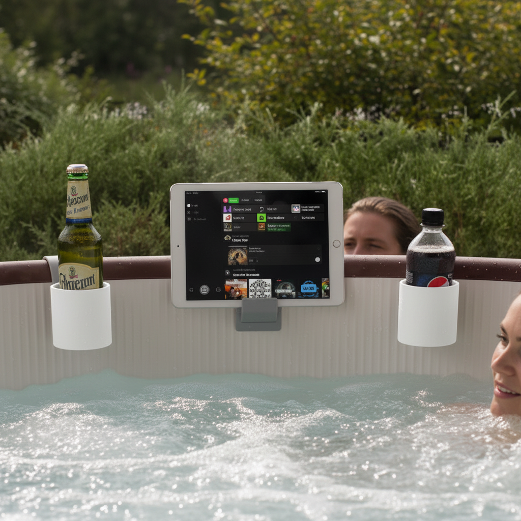White modular hot tub caddy with single bottle and phone holder clipped onto hot tub with person relaxing in background