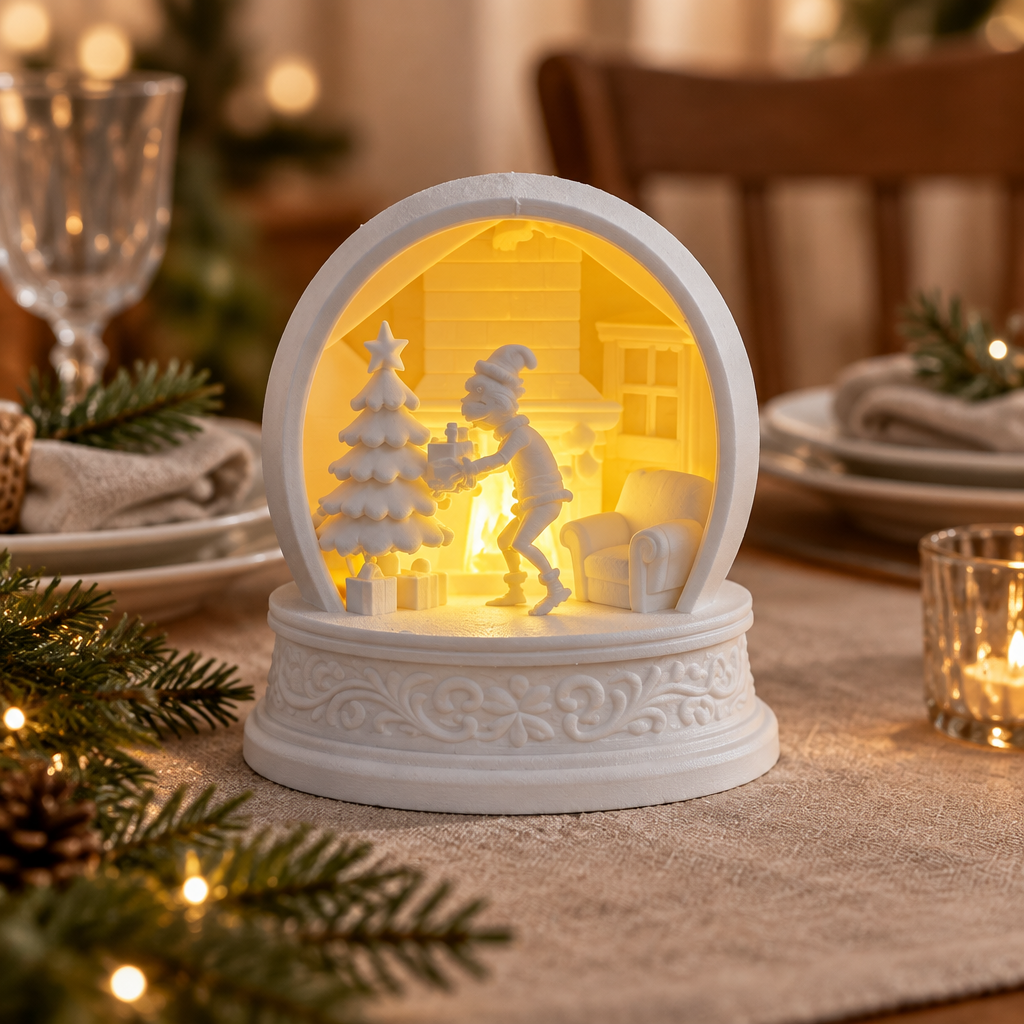 White Grinch Christmas tealight holder as a festive dining-table accent
