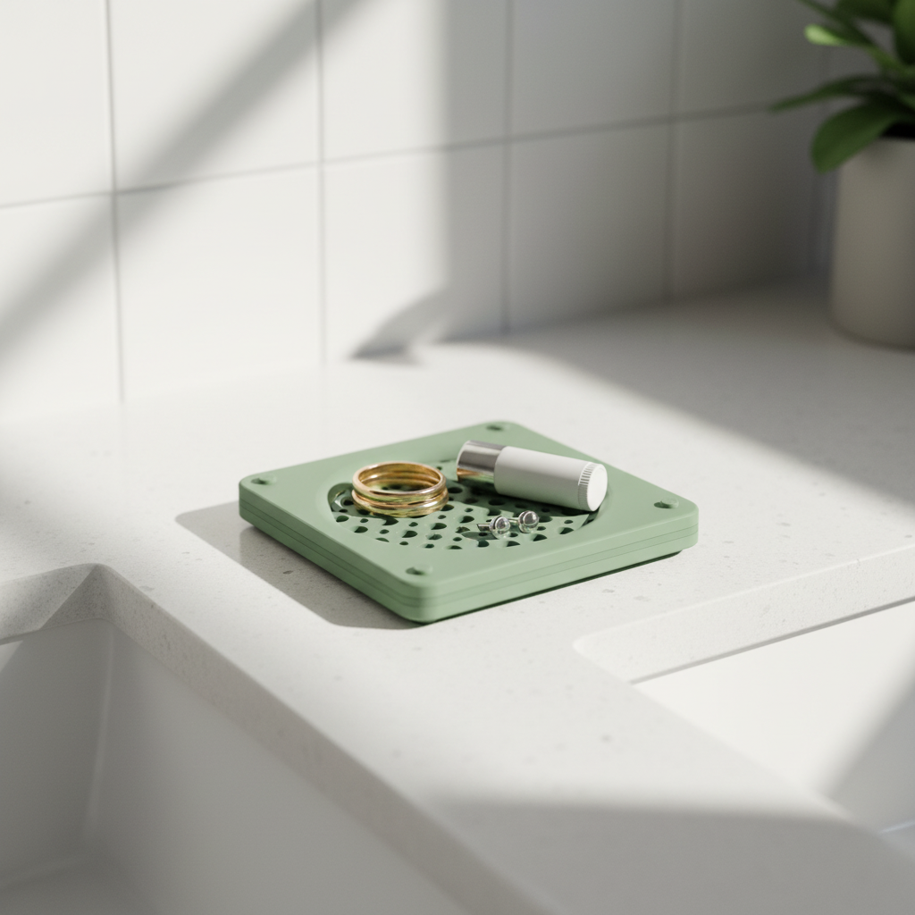 Sage green tray on bathroom vanity - lifestyle