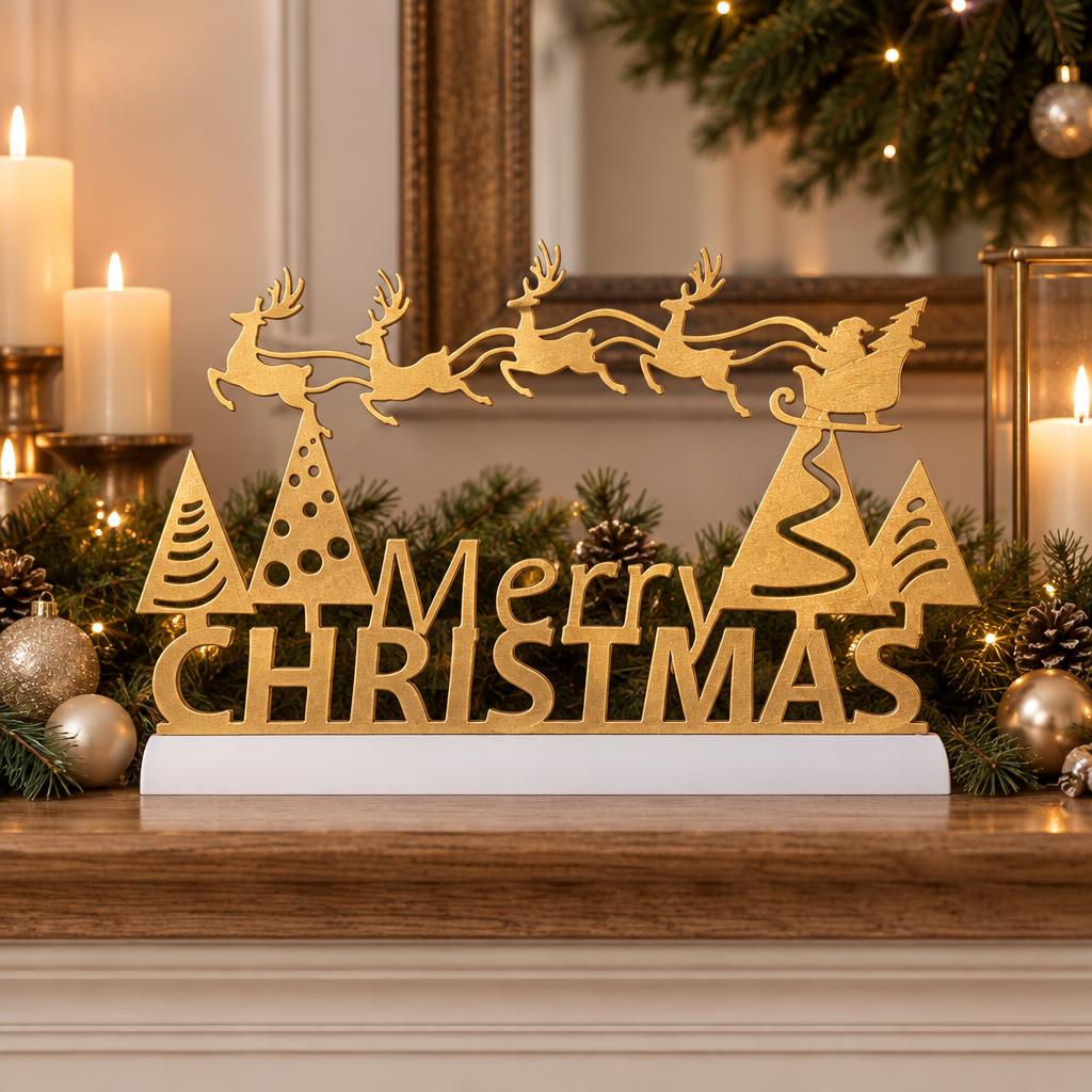 Gold Merry Christmas sign on a white base styled with festive greenery and candles