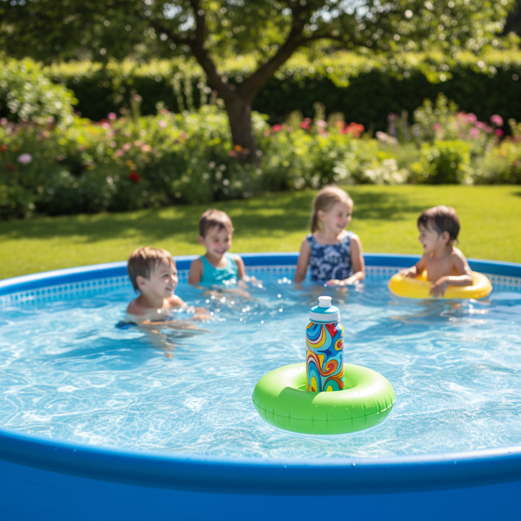 Green floating drink holder floating on paddling pool surface in sunny garden with children playing