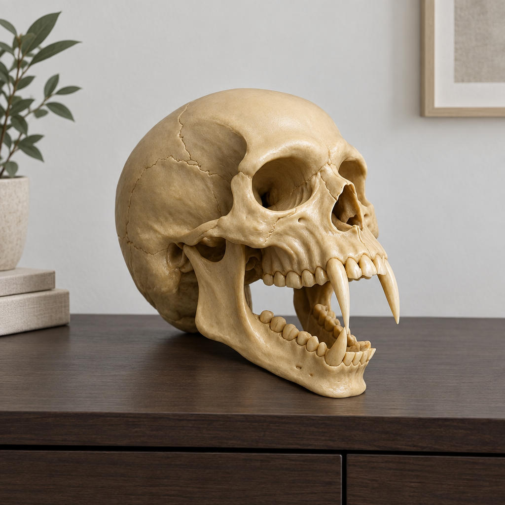 Pale cracked vampire skull with open jaw displayed directly on a light console without a stand